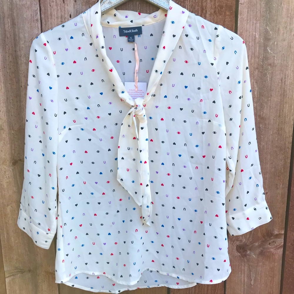 NWT ModCloth Eye Heart U You Pleasant Confidence Tie Neck Blouse Ivory I Love U